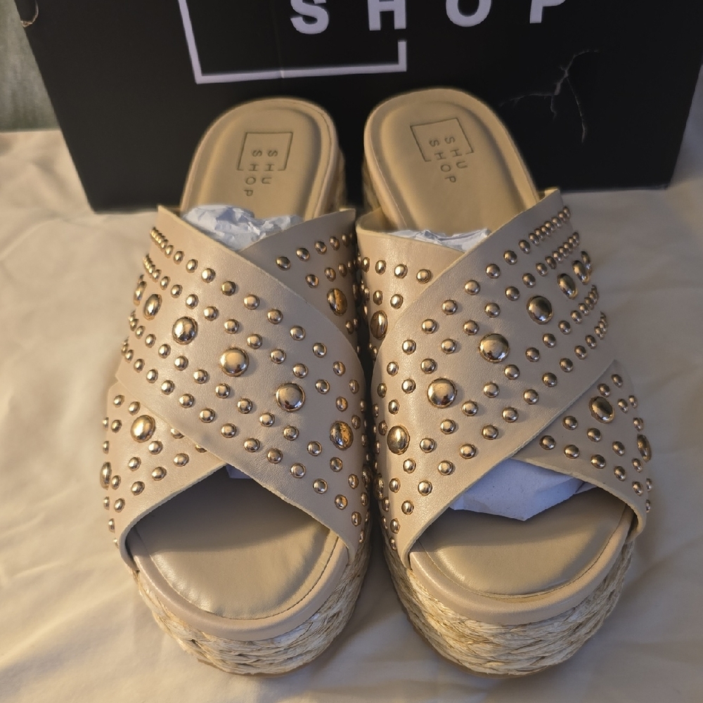 KAIA Studded Beige Espadrille Platform Sandals Size 11 ShuShop NIB